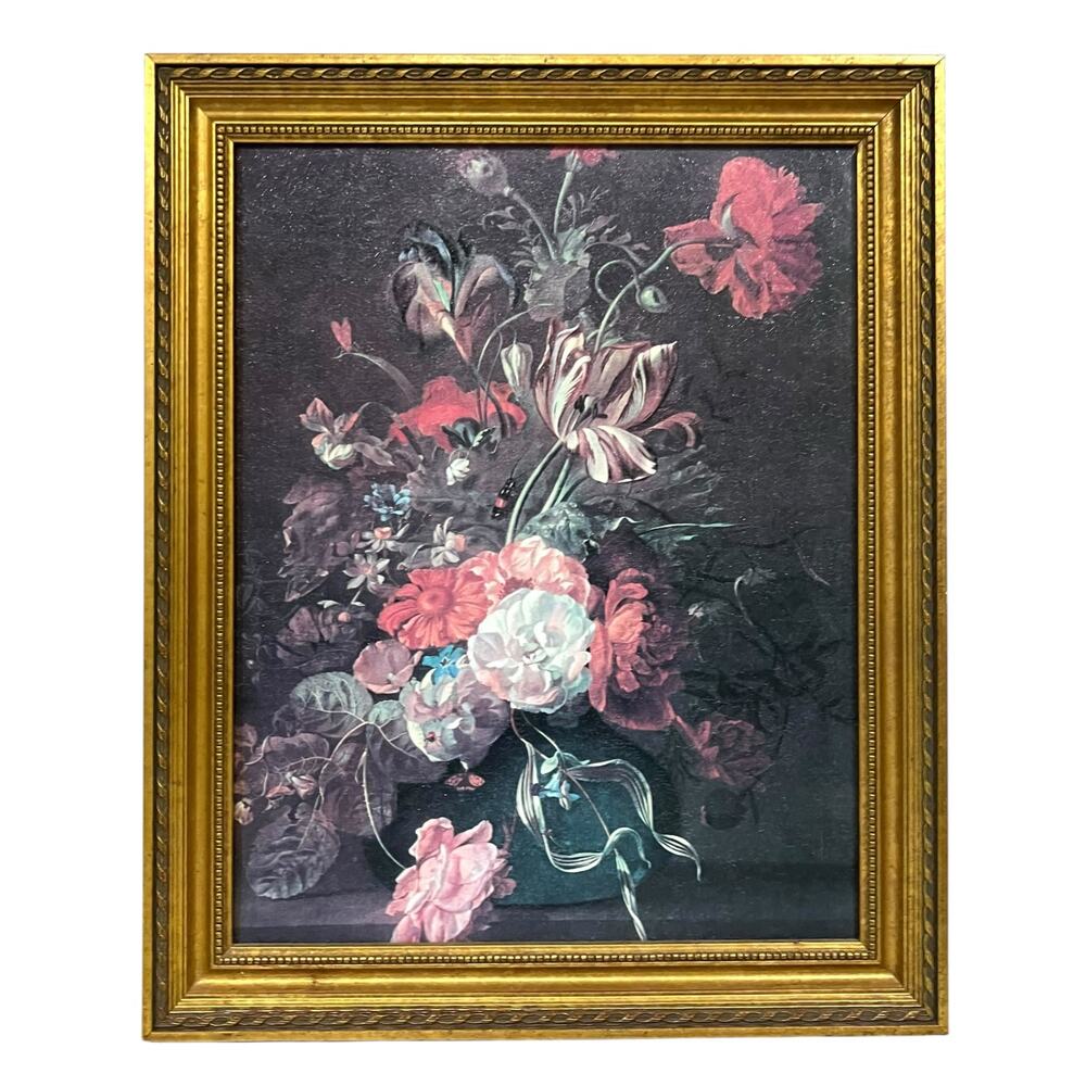 Vintage Floral Painting Artwork in Ornate Gold Frame Dutch Golden Age 22” x 18”